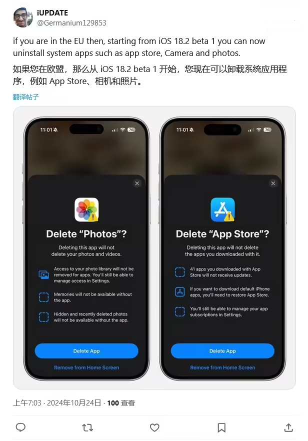 沈河苹果手机维修分享iOS 18.2 支持删除 App Store 应用商店 