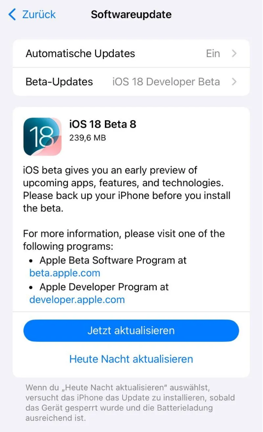 沈河苹果手机维修分享苹果 iOS / iPadOS 18 开发者预览版 Beta 8 发布 